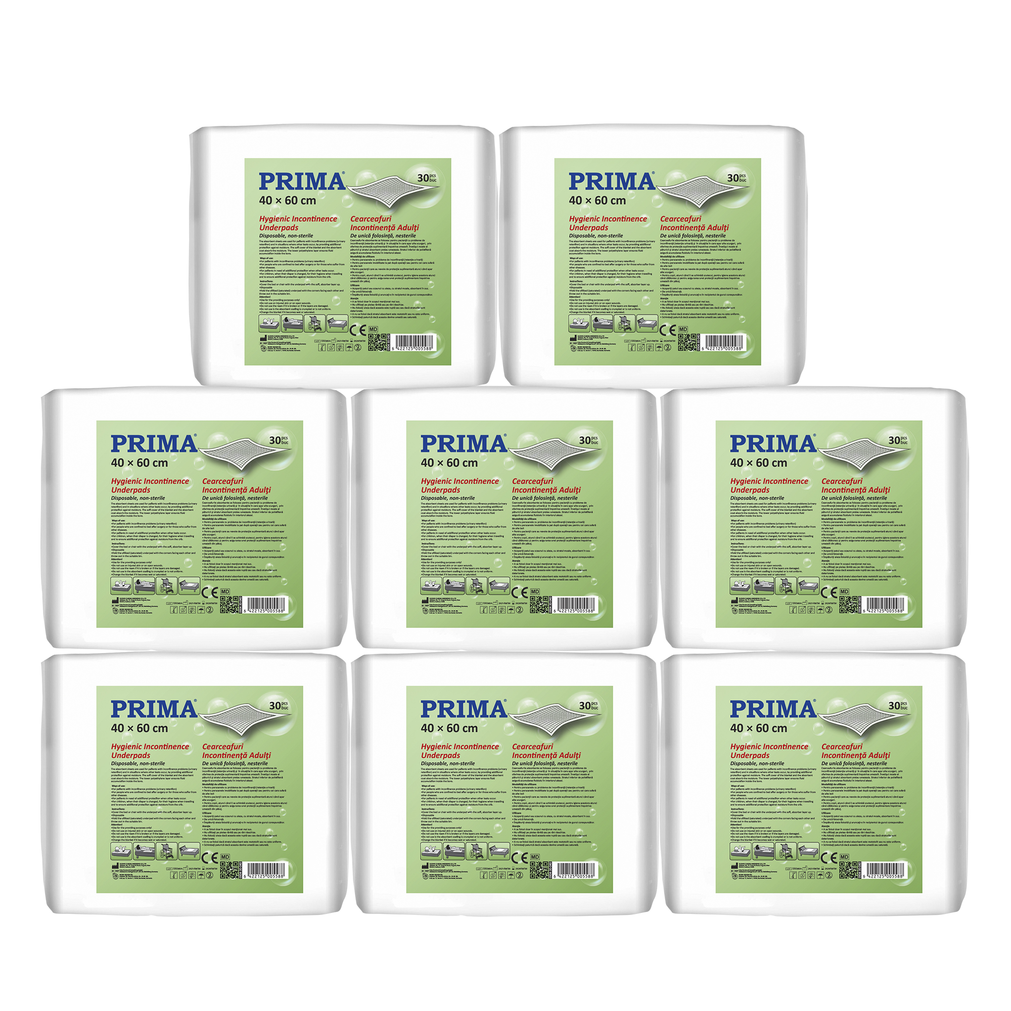 Pachet cearceafuri pentru incontinenta PRIMA, pentru adulti, 40x60cm, 30 bucati/set, 8 seturi