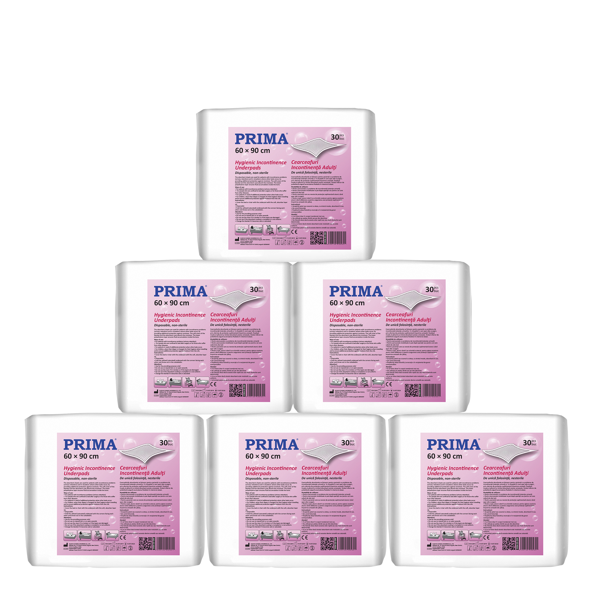Pachet cearceafuri pentru incontinenta PRIMA, pentru adulti, 60x90cm, 30 bucati/set, 6 seturi