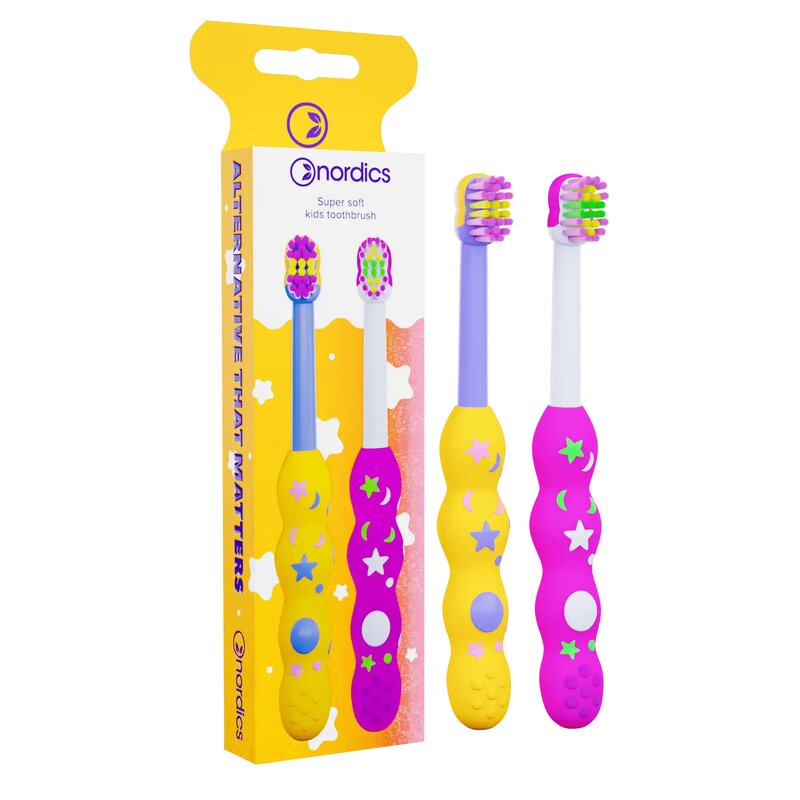 Pachet doua periute de dinti pentru copii 0-2 ani super soft - galben + roz Nordics