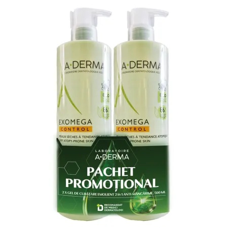 Pachet Gel de dus emoliant 2 in 1 Exomega Control, 500+500 ml, A-Derma