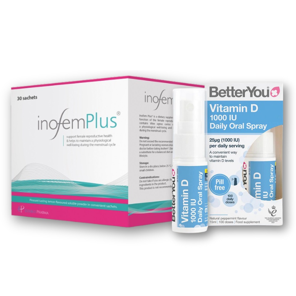 Pachet Inofem Plus, 30 plicuri + Vitamin D 1000UI Oral spray Better You,15ml