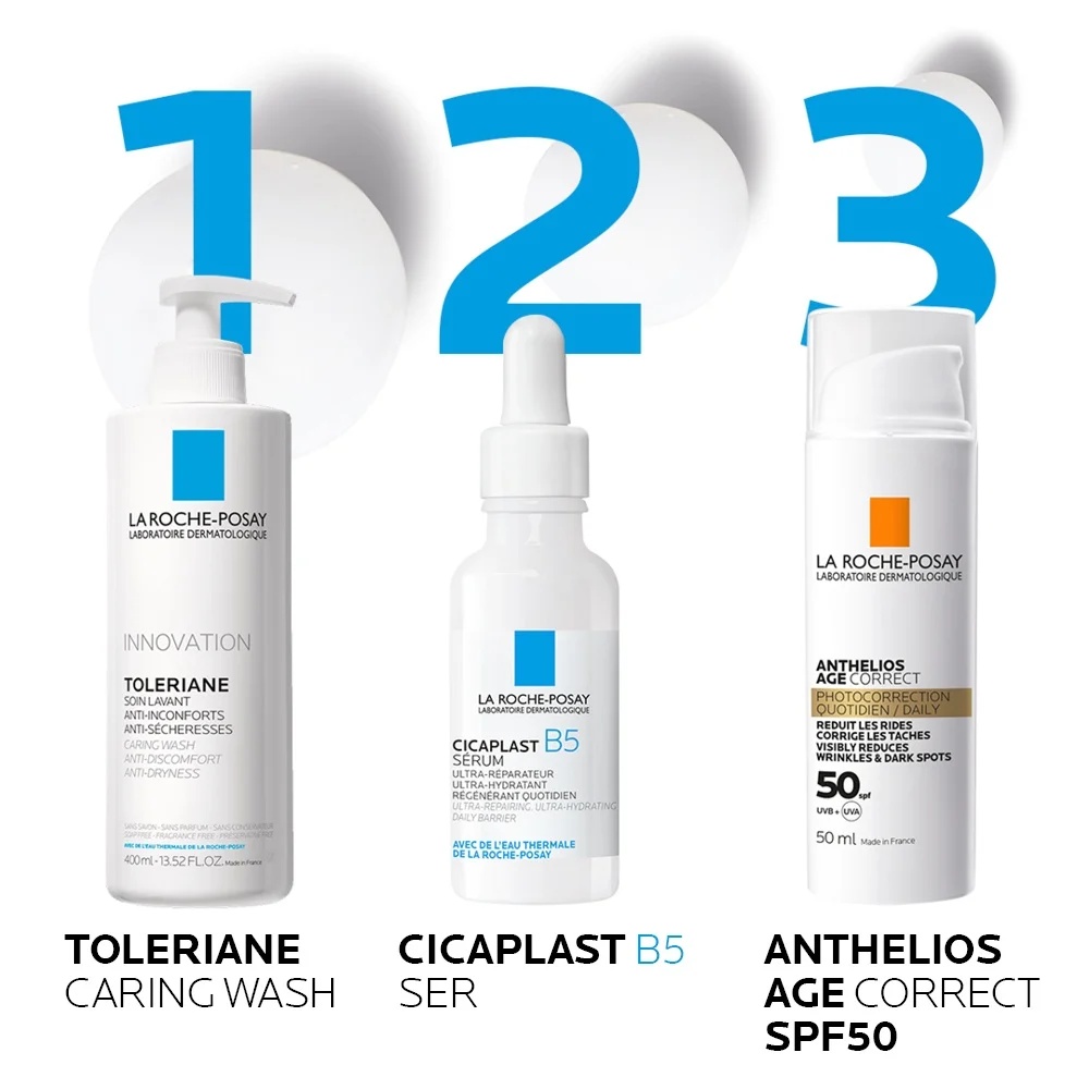 Pachet Piele Sensibila si Deshidratata – Curatare, Ser B5 si Protectie SPF50 | La Roche-Posay