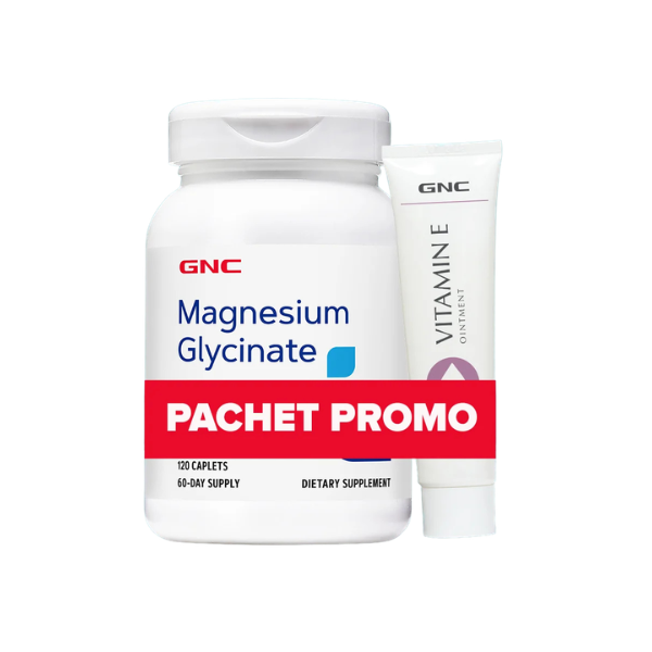 Pachet promo Magnesium Glycinate + vitamina E unguent, GNC | 200 mg, 120 tbl. + 50 g, unguent