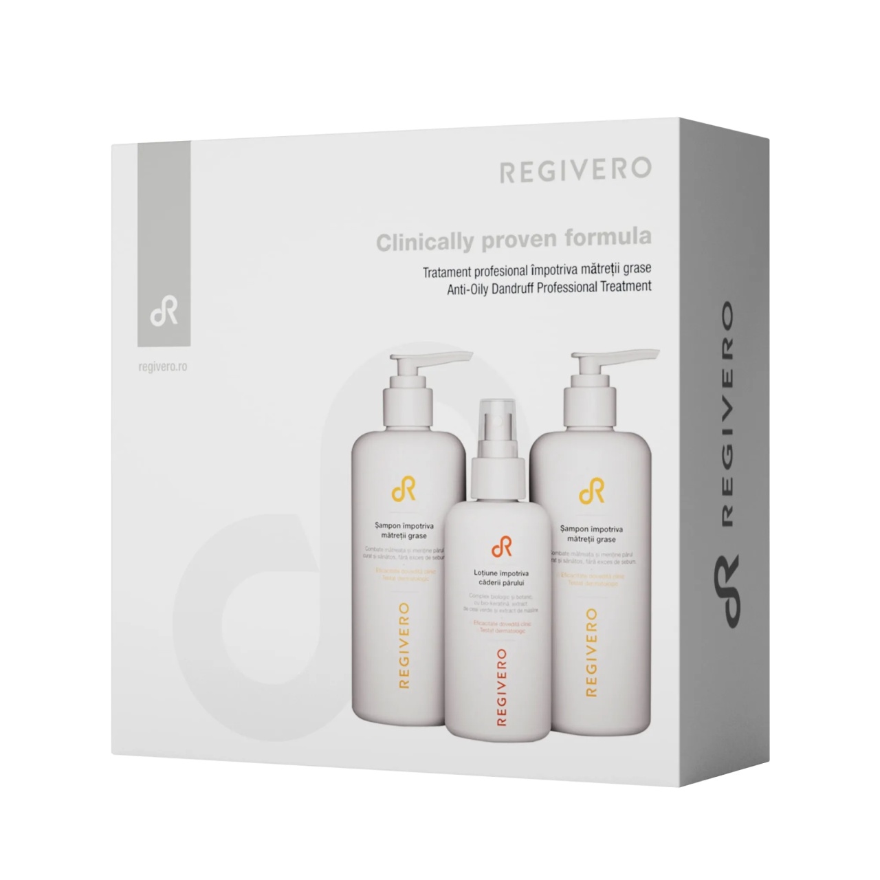 Pachet Sampon anti-matreata grasa, 250ml, 2 bucati + Lotiune impotriva caderii parului, 150ml, Regivero