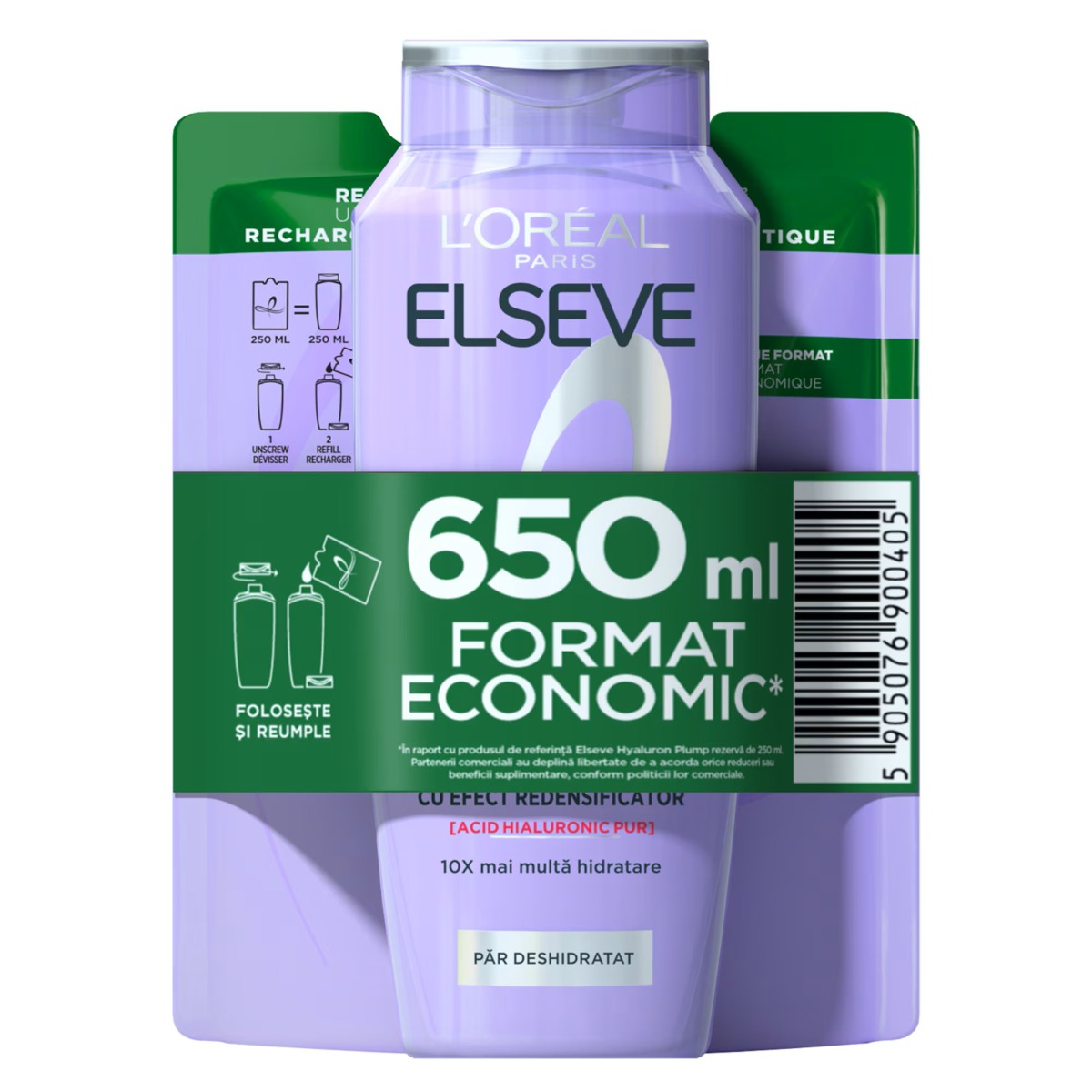 Pachet Sampon Hyaluron Plump, 400 ml + Rezerva ECO Sampon Hyaluron Plump 250ml, Elseve