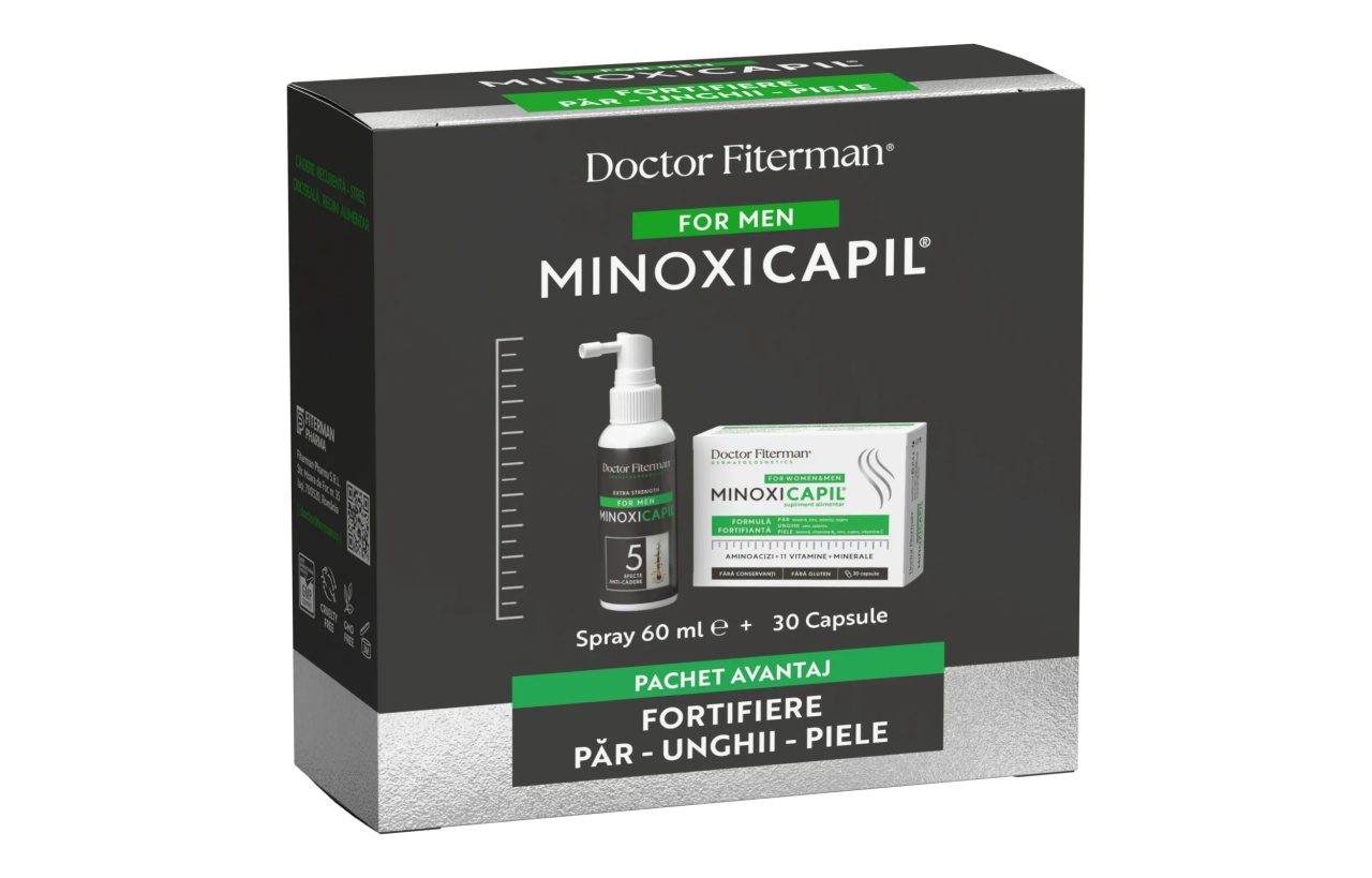Pachet Spray impotriva caderii parului pentru barbati Minoxicapil, 60ml + Minoxicapil, 30 capsule, Fiterman