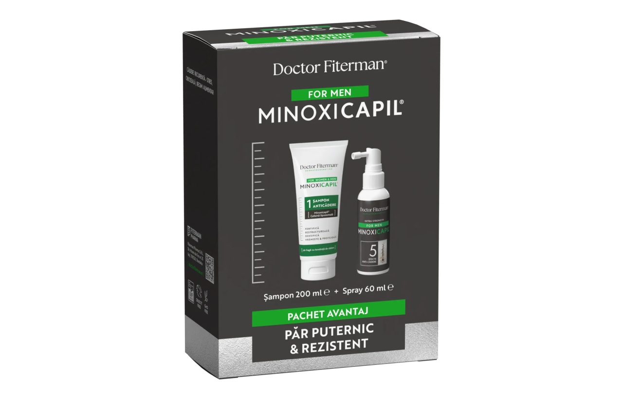 Pachet Spray impotriva caderii parului pentru barbati Minoxicapil, 60ml + Sampon impotriva caderii parului Minoxicapil, 200ml, Fiterman