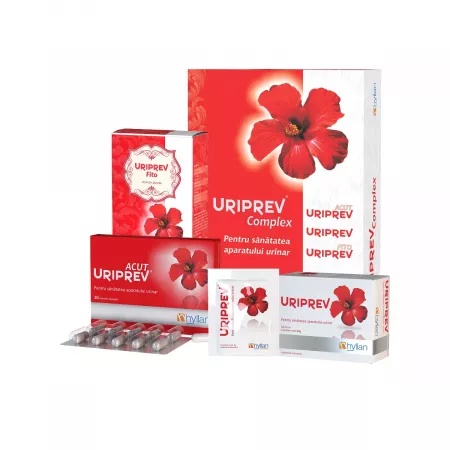 Pachet Uriprev Complex - Uriprev Acut, 10 capsule + Uriprev, 12 plicuri + Uriprev Fito ceai, 80g, Hyllan