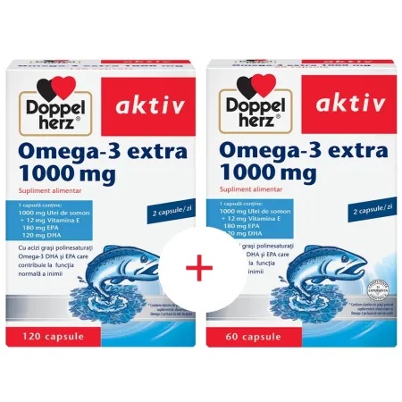 Pachet XXL Omega 3 Extra 1000mg + vitamina E, 120 + 60 capsule, Doppelherz
