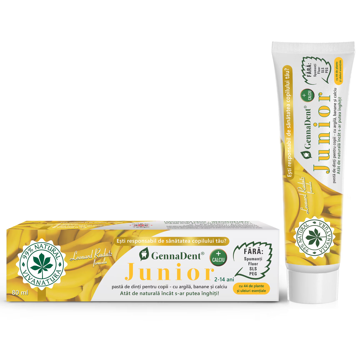 Pasta de dinti naturala cu argila si banane GennaDent Junior, 80ml, VivaNatura