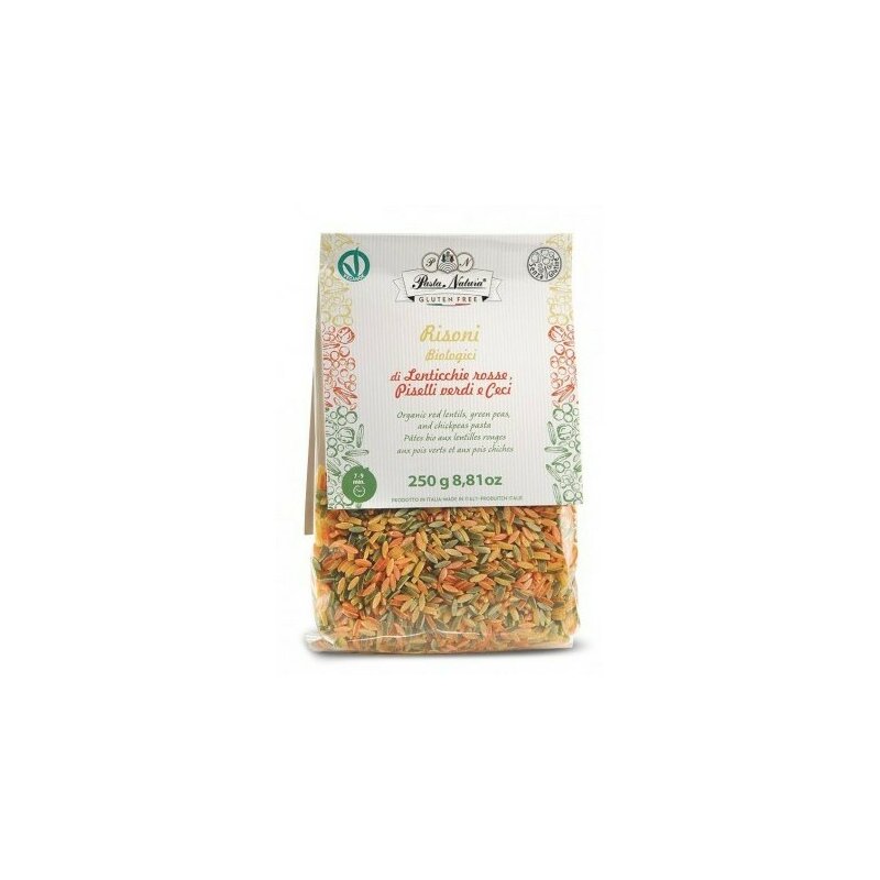 Paste Risoni tricolore cu mazare, linte si naut bio 250g Pasta Natura
