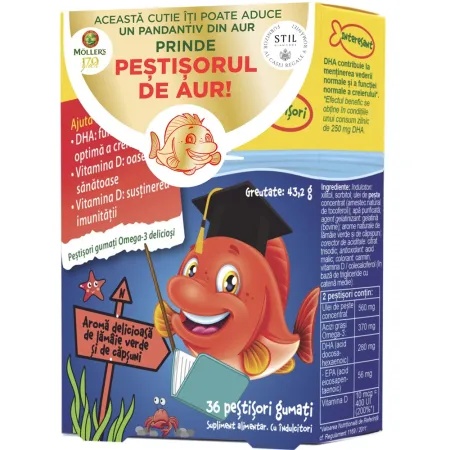 Pestisori gumati cu Omega-3 aroma de lamaie verde si capsuni, 36 jeleuri, Mollers
