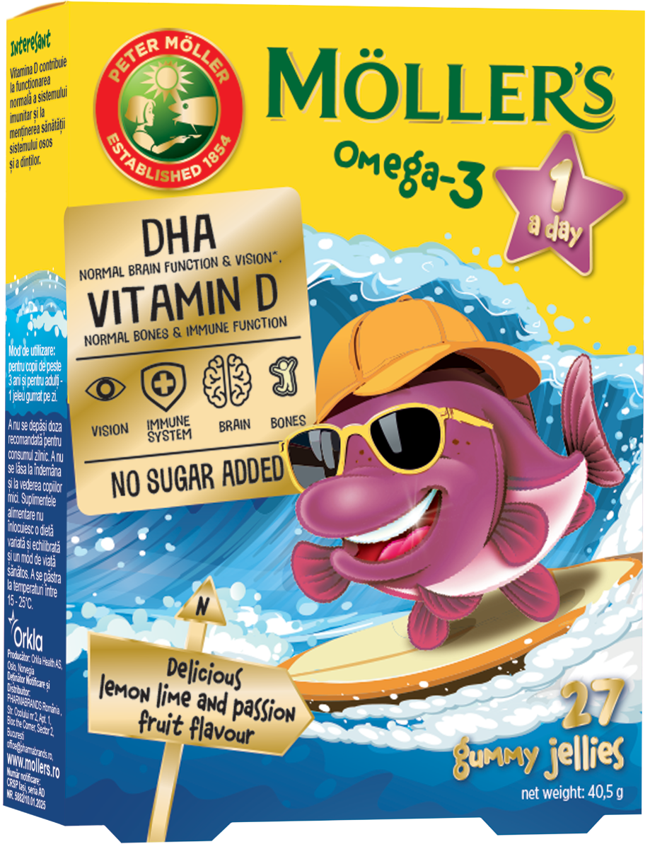 Pestisori gumati Omega 3 cu lemon lime si fructul pasiunii, 27 jeleuri, Moller's
