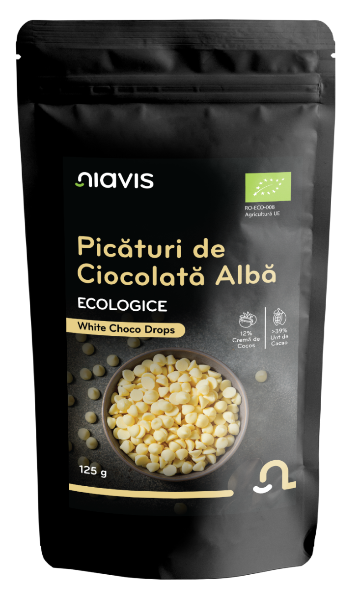 Picaturi de ciocolata alba ecologice, 125g, Niavis
