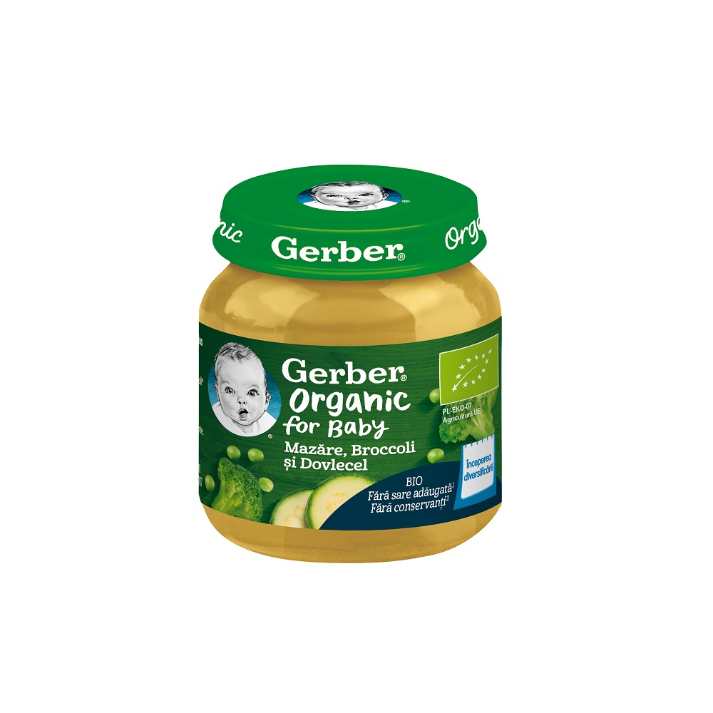Piure bio cu mazare, broccoli si dovlecel, 125g, Gerber