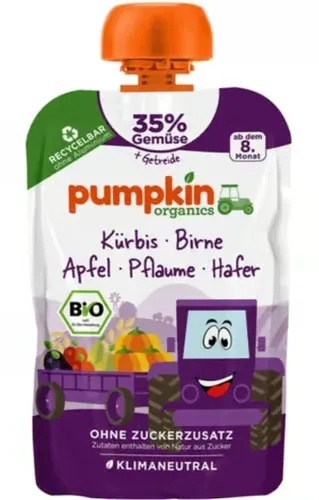 Piure bio de dovleac cu pere, mere,prune si ovaz 8l+, 100g, Pumpkin organics