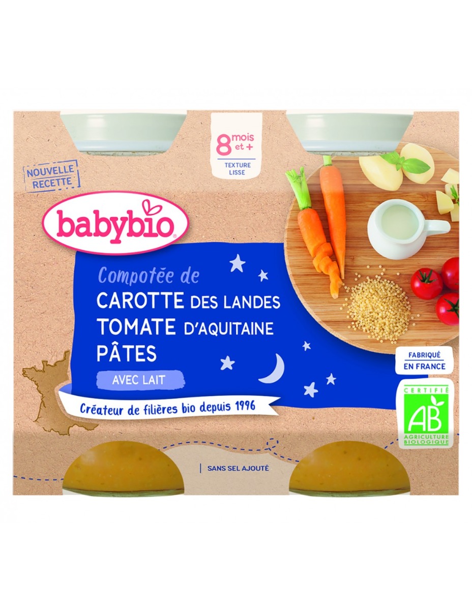 Piure de morcovi cu rosii si paste, 2 x 200g, BabyBio