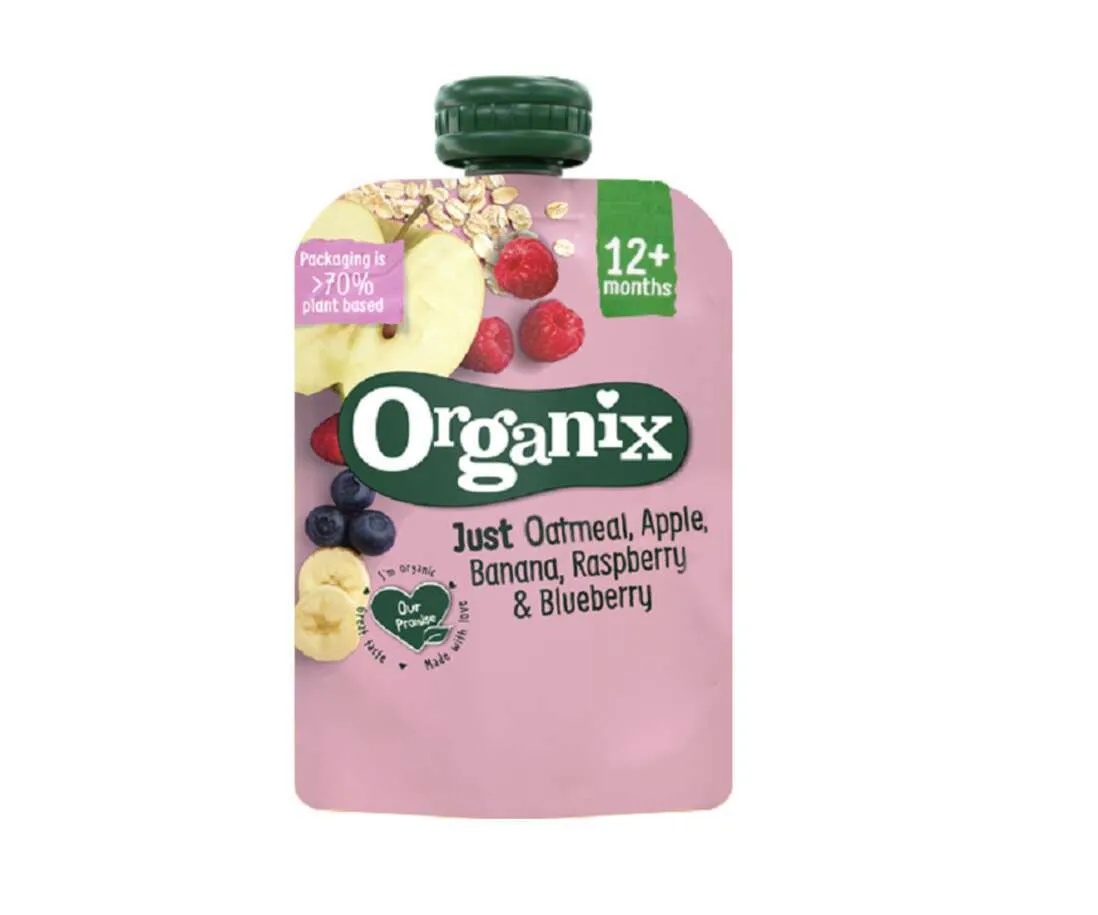 Piure din ovaz cu mere, banane, zmeura si coacaze bio, +12 luni, 100g, Organix
