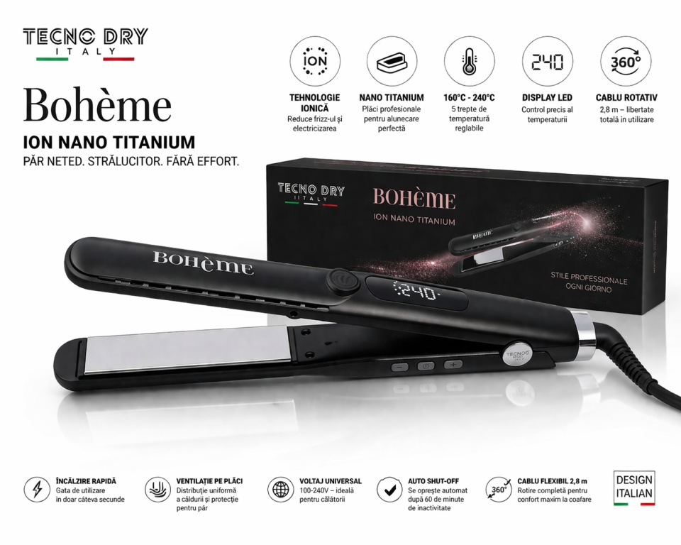 Placă de Păr Profesională Tecno Dry Bohème Ion Nano Titanium - poza 4