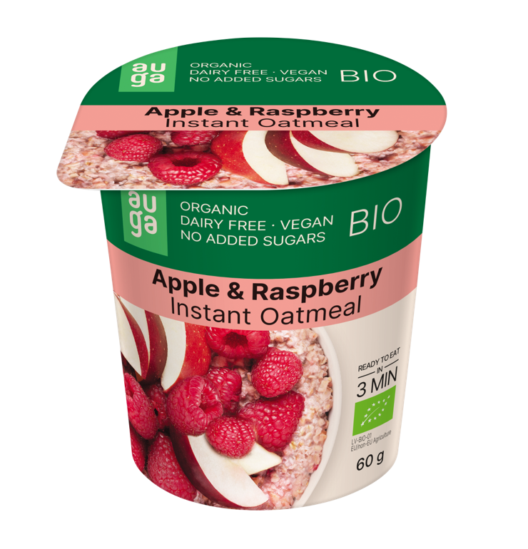 Porridge din ovaz integral cu mar si zmeura Bio, 60g, Auga