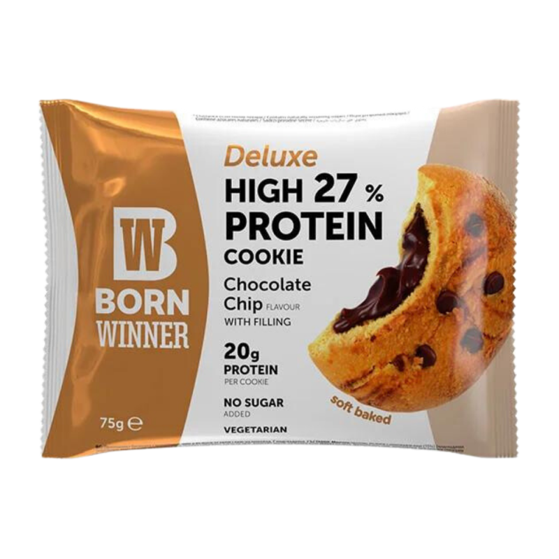 Prajitura proteica cu chips de ciocolata Deluxe, 75g, Born Winner