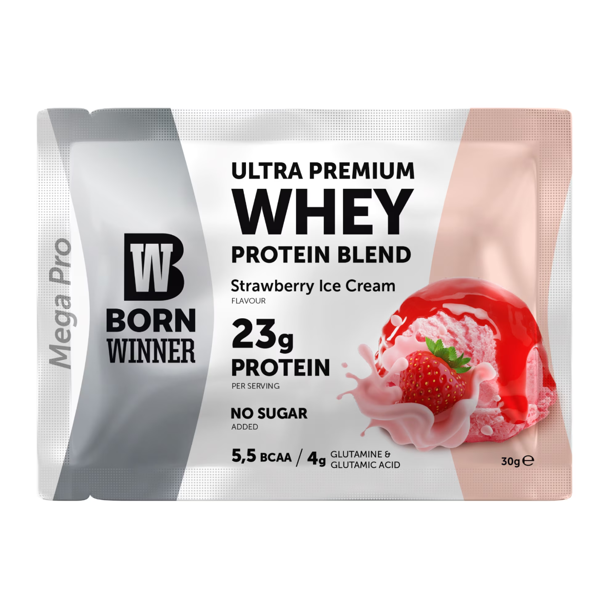 Pudra proteica cu 69% BCAA si aroma de capsuni Mega Pro, 30g, Born Winner