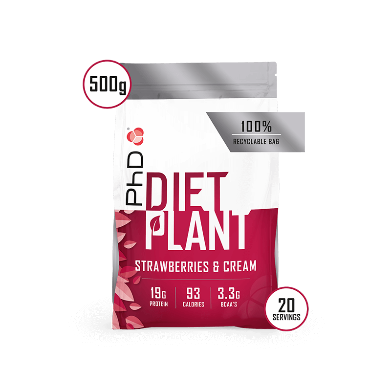 Pudra proteica Diet Plant cu aroma de capsuni si frisca, 500g, PhD