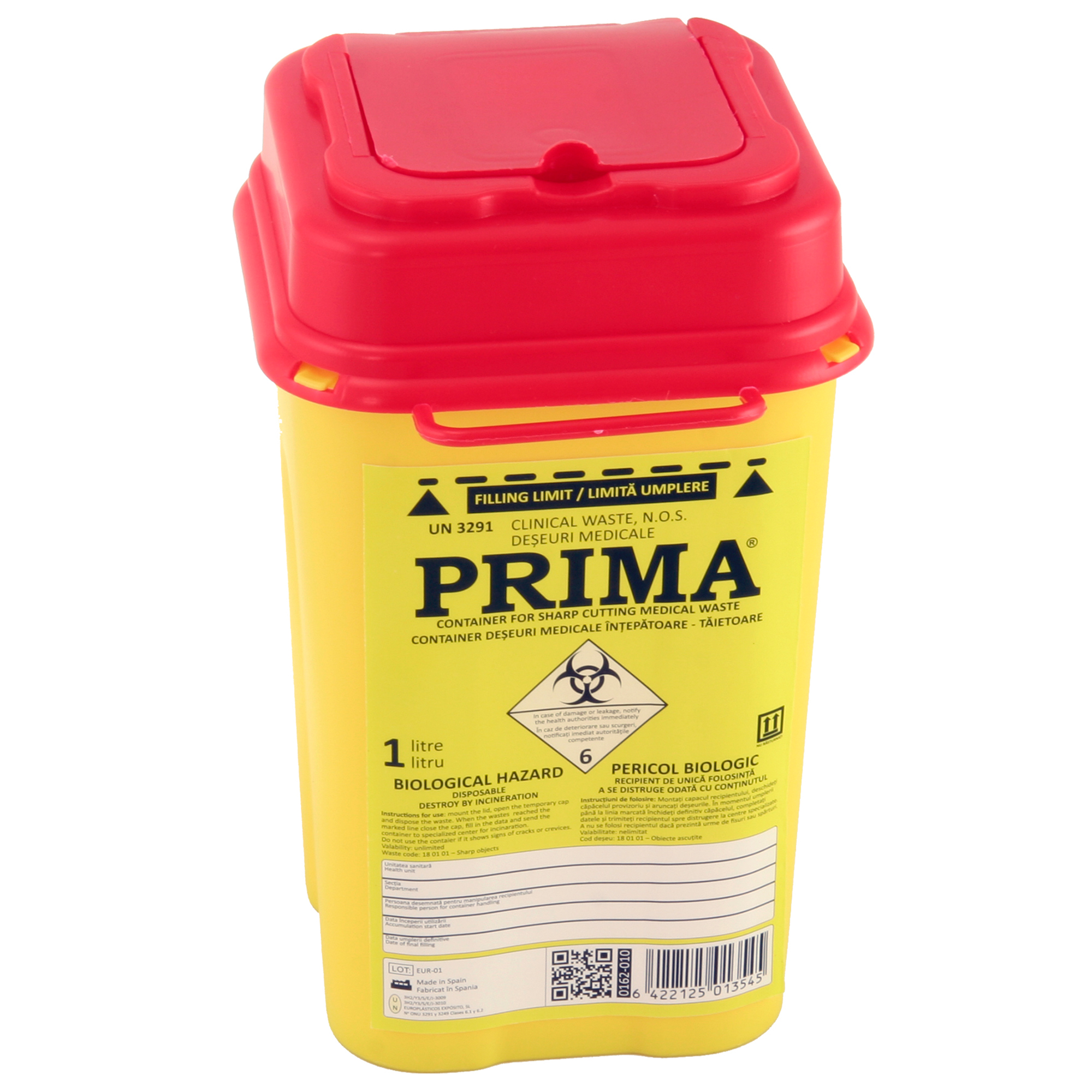 Recipient plastic pentru deseuri intepatoare, 1 litru, PRIMA, galben, unica folosinta, certificat ADR