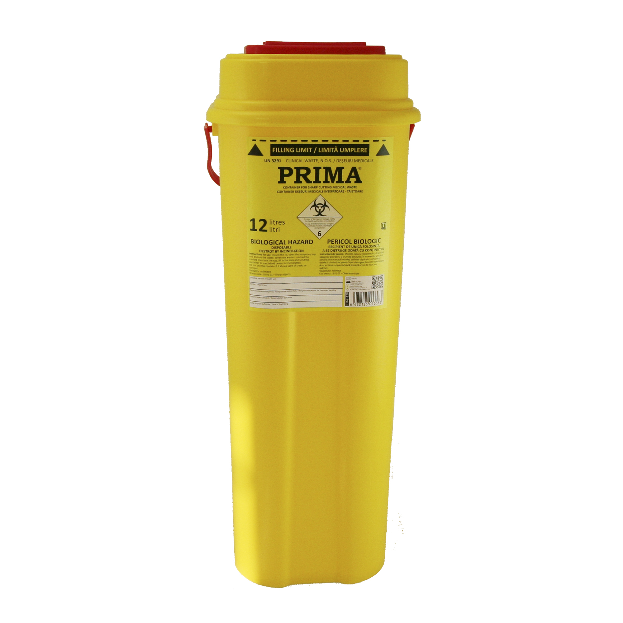 Recipient plastic pentru deseuri intepatoare, 12 litri, PRIMA, galben, unica folosinta, certificat ADR