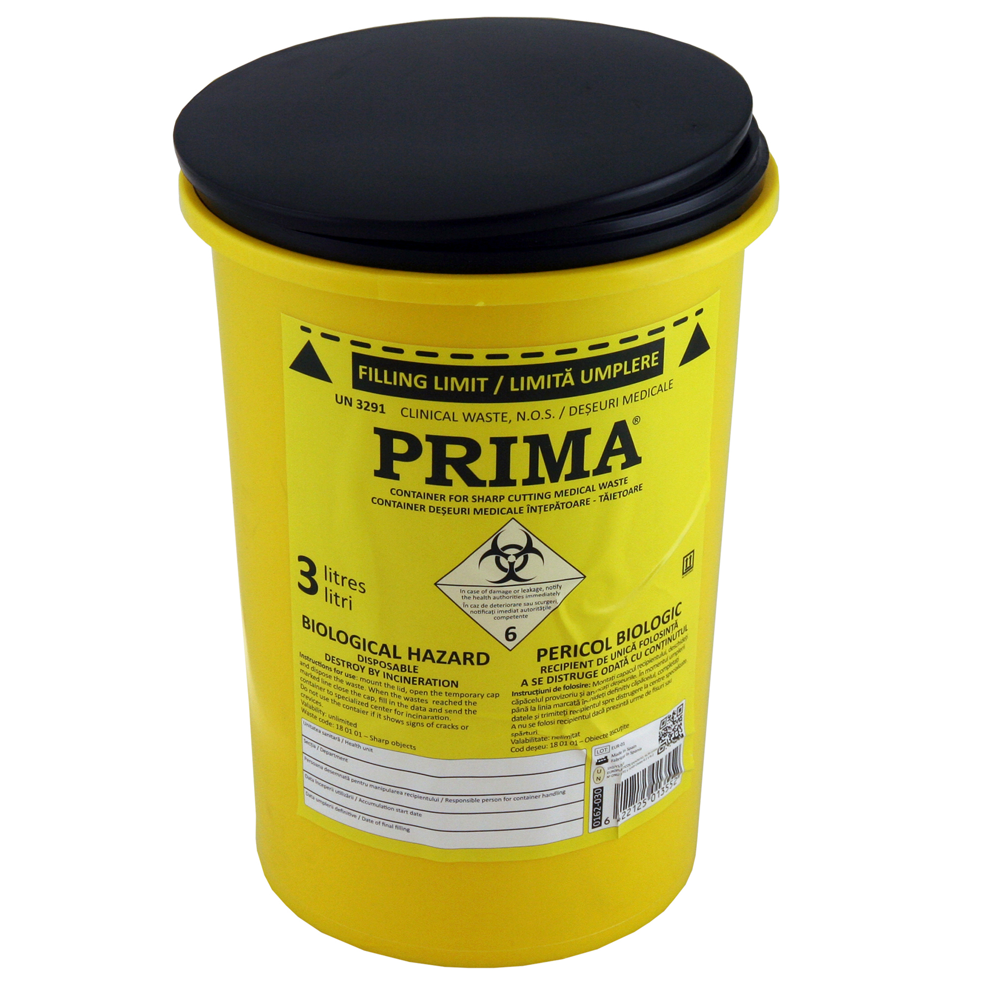Recipient plastic pentru deseuri intepatoare, 3 litri, PRIMA, galben, unica folosinta, certificat ADR