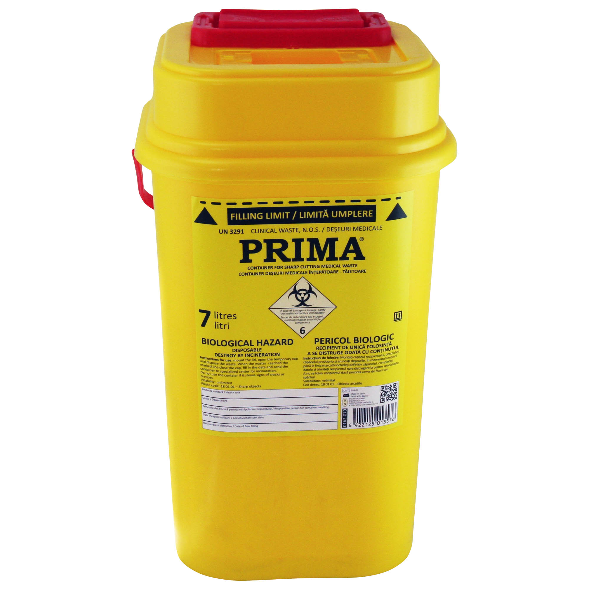 Recipient plastic pentru deseuri intepatoare, 7 litri, PRIMA, galben, unica folosinta, certificat ADR