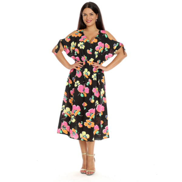 Rochie decupaj maneci DV23R51 negru/multicolor floral, Dress to Impress | marimea 48