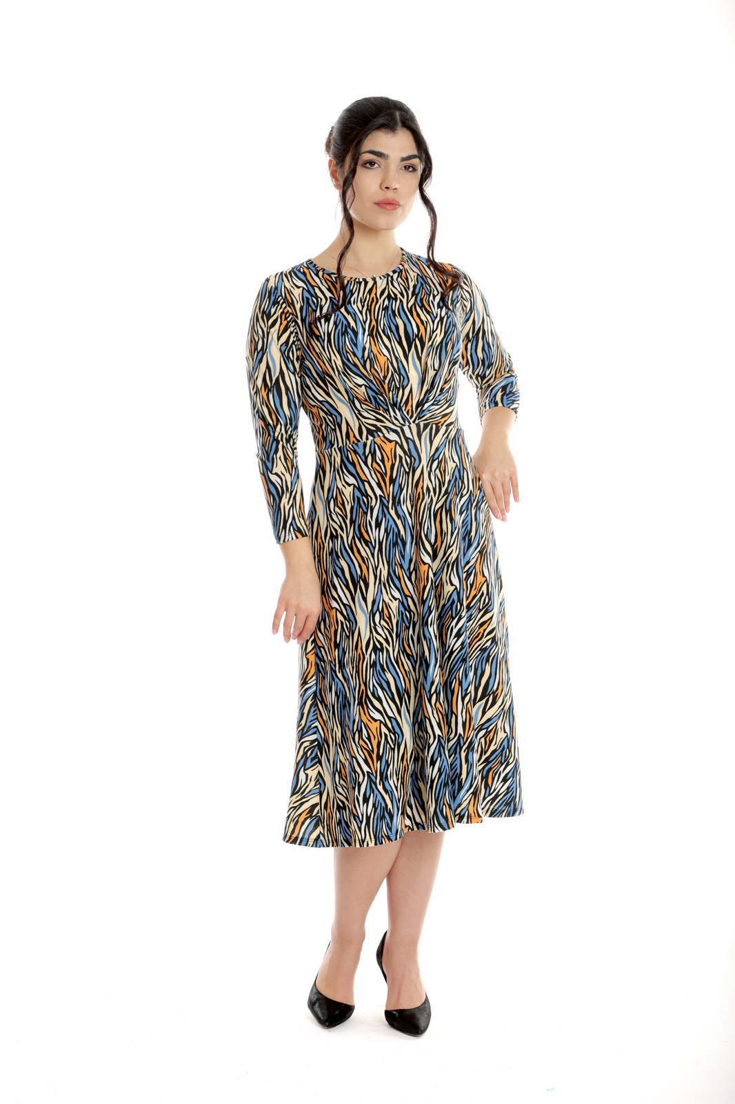Rochie pliuri bust CP24027 albastru/orange animal print, Cesy | marimea S