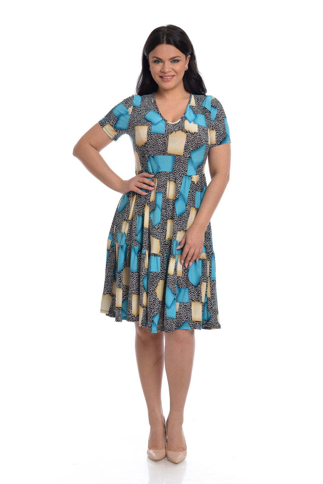 Rochie volane CV22032 negru/turcoaz/bej, Cesy | marimea M