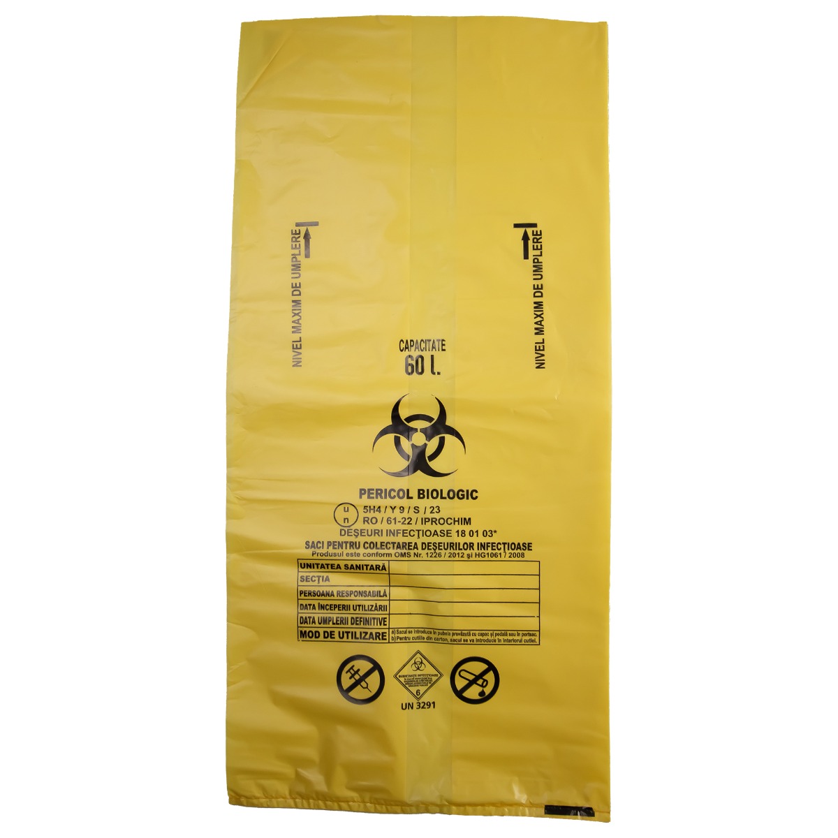 Saci galbeni pericol biologic 60L (520x700x0.05 mm) BIOHAZARD ADR, 50 microni, 50 bucati - saci deseuri medicale certificati
