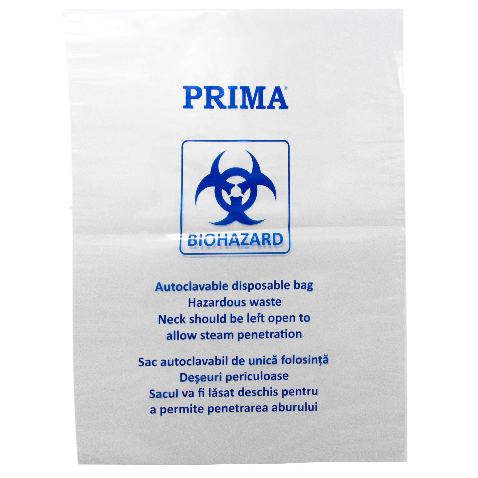 Saci transparenti autoclavabili 68L din polietilena, cu semn BIOHAZARD, 60x75cm, rezistenti la 134°C - saci deseuri medicale si pericol biologic, set 10 buc