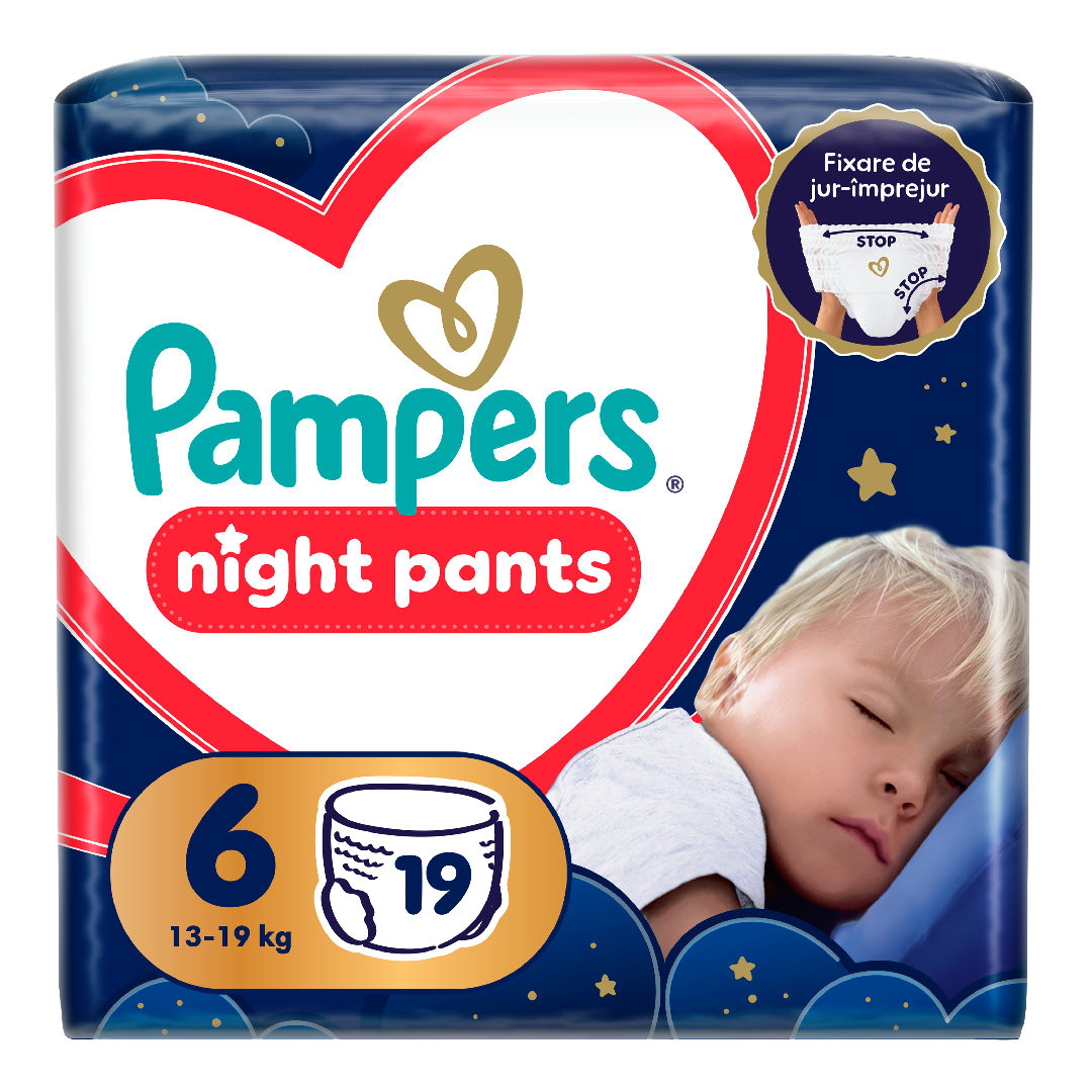 Scutece chilotel de noapte Night Pants, marimea 6, 15+ kg, 19 bucati, Pampers