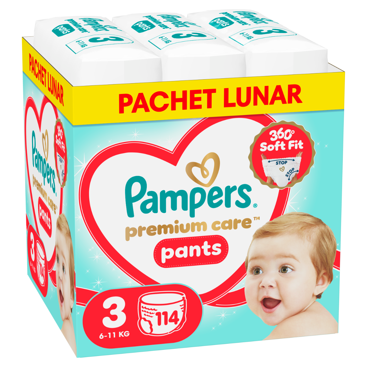 Scutece-chilotel Premium Care Pants XXL Box Marimea 3 pentru 6-11 kg, 114 bucati, Pampers