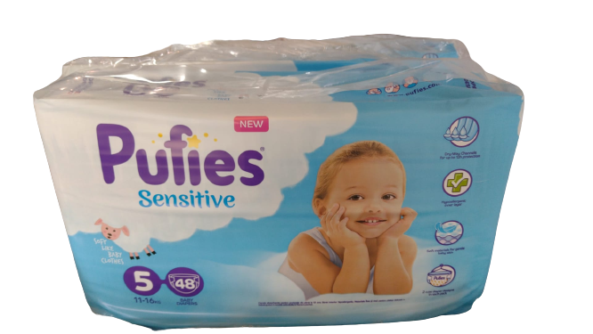 Scutece Sensitive Junior Marimea 5 pentru 11-15kg, 48 bucati, Pufies