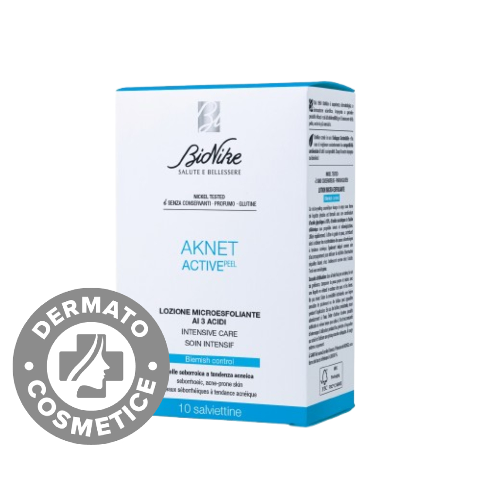 Servetele de unica folosinta AKNET ACTIVEpeel Lotiune microexfolianta cu 3 acizi pentru tenul acneic seboreic, 10 bucati, Bionike