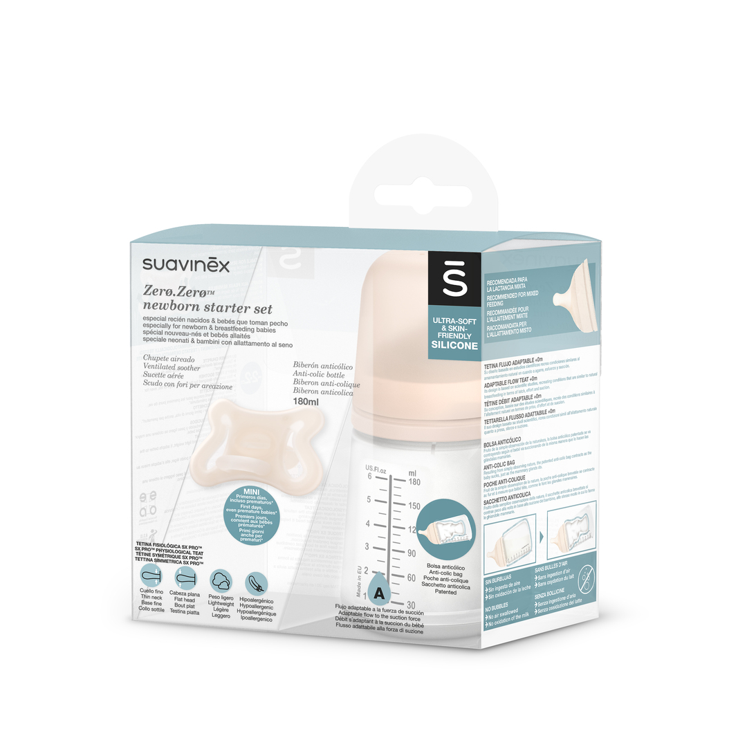 Set biberon anticolici 180ml variabil+Suzetă -2-2 luni, Zero Zero, Suavinex