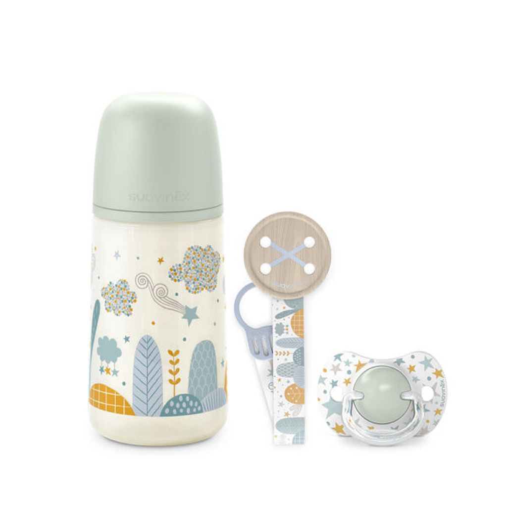Set biberon Dreams Blue 270ml, tetina SX Pro flux mediu, suzeta SX Pro 0-6 luni si lantisor pentru suzeta, Suavinex