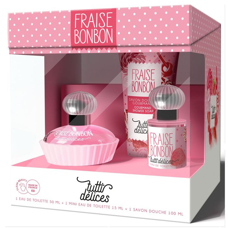 Set cadou dama Tutti Delices Fraise Bonbon, Corania | EDT 50 ml + EDT15 ml + gel de dus 100 ml