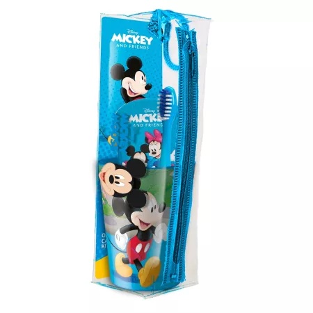 Set de calatorie cu periuta + pahar + pasta de dinti cu aroma de menta pentru copii Mickey Mouse, +3ani, Mr.White