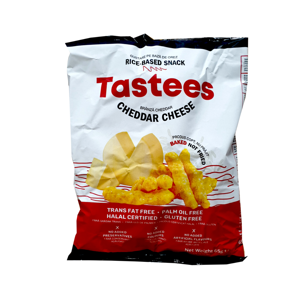 Snack din orez cu aroma de branza cheddar, 65g, Tastees