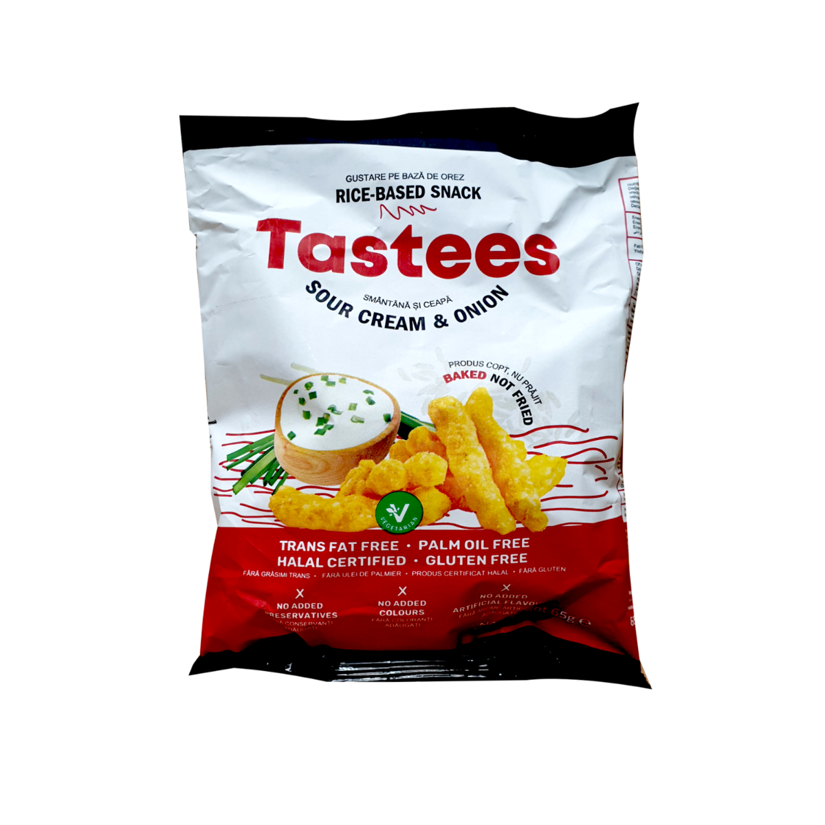 Snack din orez cu aroma de smantana si ceapa, 65g, Tastees
