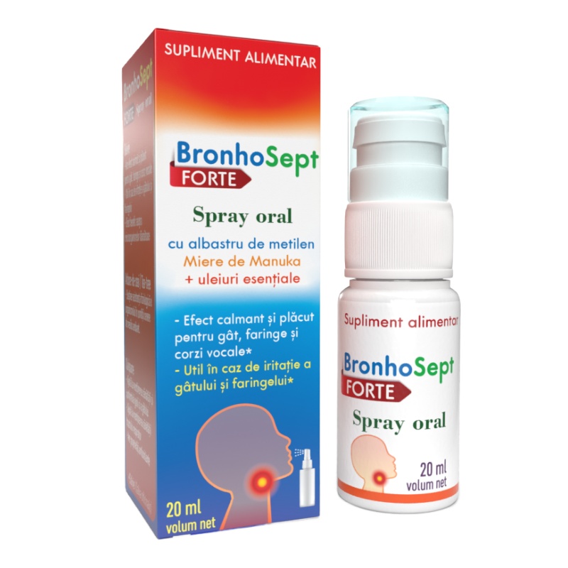 Spray de gat BronhoSept Forte cu albastru de metilen, 20ml, Justin Pharma