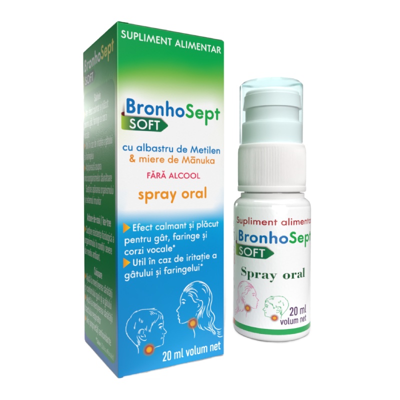 Spray de gat BronhoSept Soft cu albastru de metilen si miere de manuka fara alcool, 20ml, Justin Pharma