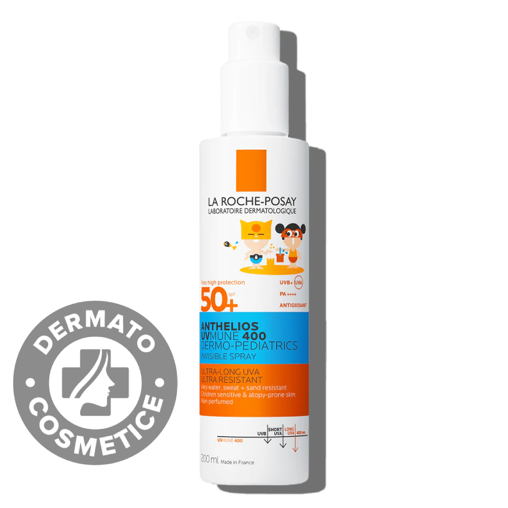 Spray invizibil cu protectie solara potrivit pentru pielea sensibila sau cu tendinta atopica a copiilor SPF50+ Anthelios UVMUNE 400 Dermo-Pediatrics, 200ml, La Roche-Posay