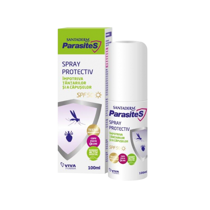 Spray protectiv SPF 50 impotriva tantarilor si capuselor Santaderm Parasites, Viva Pharma | 100 ml